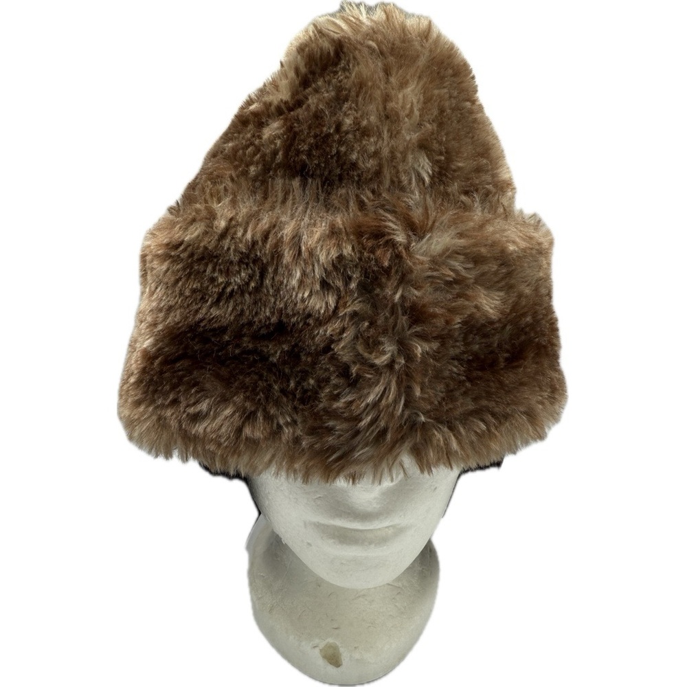 Vintage Brown Quilt-Lined Faux Fur Garrison Military Style Hat with Ear Flaps